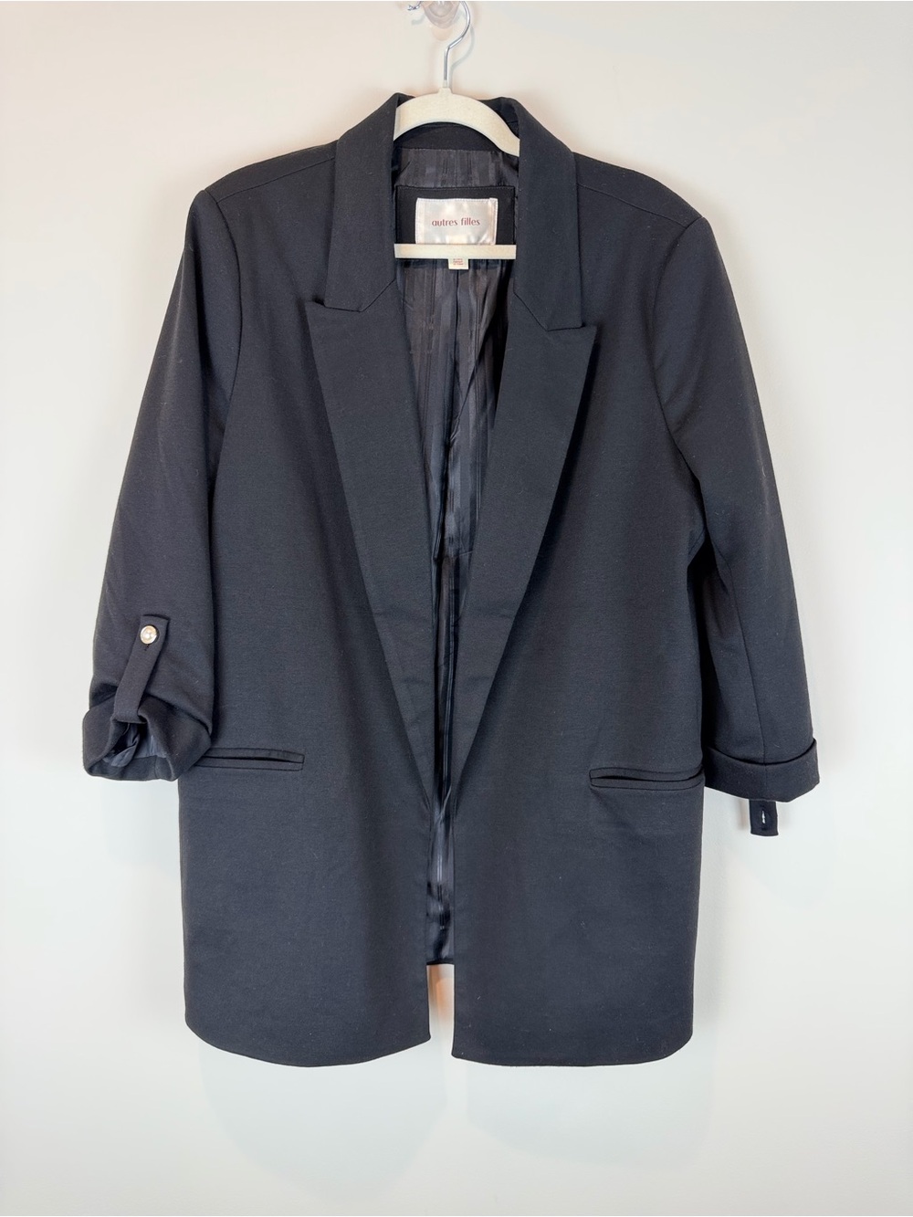 Autres Filles Black Open-Front Blazer Jacket Pearl Button Sleeve Roll Large